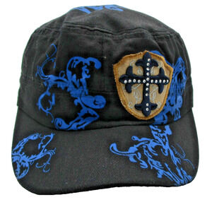 Cross Shield Hat Cap Army Strap Back Mens One Size Black Blue Graphic Studs Y2K